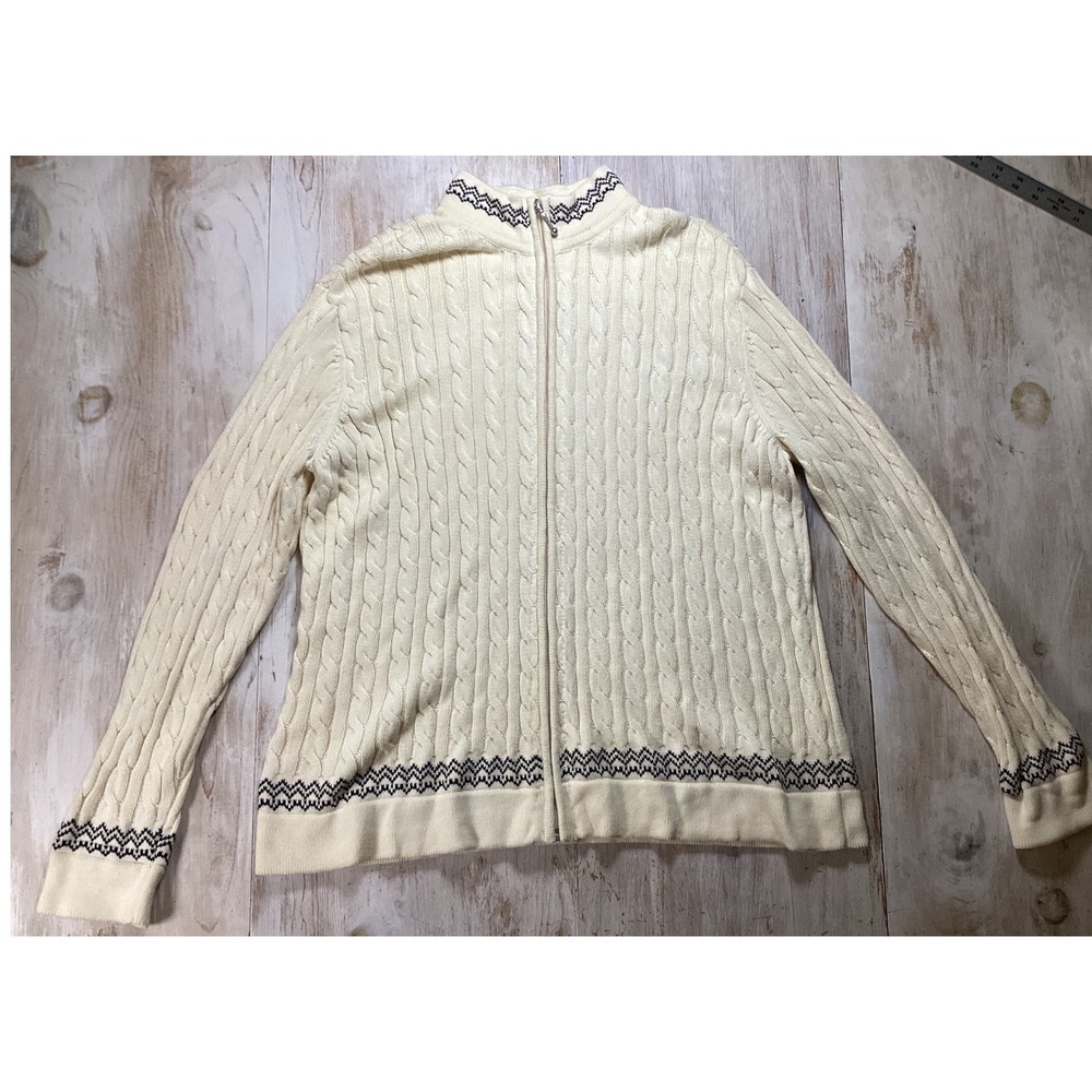 Westbound Mens XL Cream Cable Knit Zip Up Cardigan Sweater Cotton Navy Trim